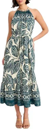 Maggy London Print Tie Back Sleeveless Midi Dress in Navy/Green at Nordstrom, Size 18