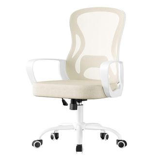 Songmics Silla ergon&oacute;mica de malla con soporte y reposabrazos beige y blanco
