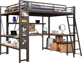 STILVORA Cama Alta 140 X 200 Cm Con Led, Usb, Escritorio, Almacenamiento Y Estantes, Sin Colch&oacute;n, De Metal, Negro