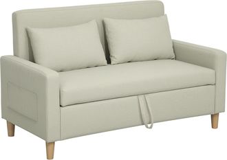 HOMCOM Homcom Sof&aacute; De 2 Plazas Tapizado En Lino Sint&eacute;tico Con 2 Almohadas Espacio De Almacenamiento Y Patas De Madera Carga 240 Kg 135x71x84 Cm Beige
