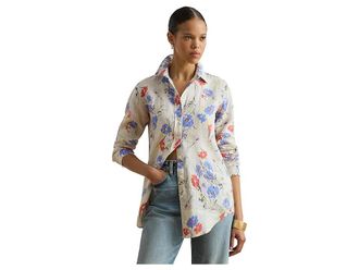 Lauren Ralph Lauren Petite Relaxed Fit Floral Linen Shirt Womens Clothing Cream : PM