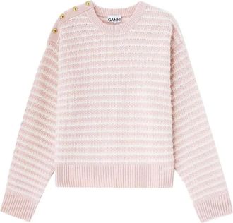 Ganni Gestreepte gebreide trui met knoopdetail - Dames - Ronde hals truien - Roze - L - Katoen - Truien & Vesten