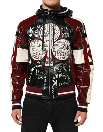 Dolce & Gabbana Multicolor Hooded Leather Dg King Men Biker Jacket Calfskin Lambskin Clothing