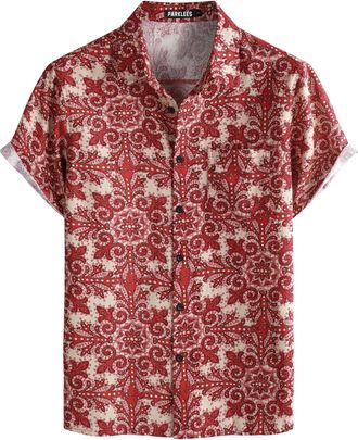 PARKLEES Mens Casual Linen Hawaiian Shirt Short Sleeve Button Down Retro Shirts Hipster 70s Hippie Tops Red Rence XXX-Large