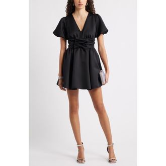 Chelsea28 Bow Detail Puff Sleeve Minidress in Black at Nordstrom Rack, Size Xx-Large