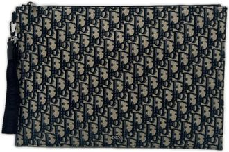 Dior Beige Navy Cotton Leather Clutch Bag (Pre-Owned)