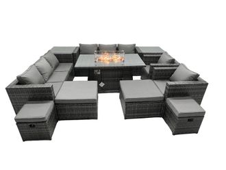 Fimous Rattan Garden Furniture Firepit Dining Set 12 Seater Lounge Sofa Table Set with 2 side table 2 big Footstool in Dark Grey