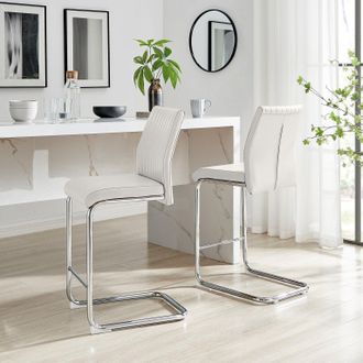 Furniturebox Lorenzo 2x Faux Leather & Silver Counter Stools in Off-White