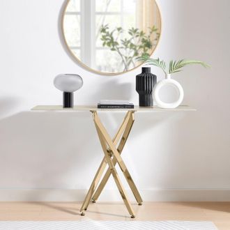 Furniturebox Leonardo Rectangular Marble Effect Glass Top Console Table With Gold Metal Starburst Legs in White