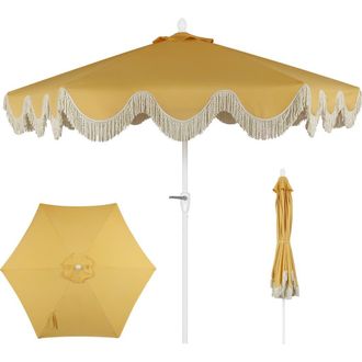 Jonathan Y Designs Collins Bohemian Fringe Outdoor Patio Umbrella with Crank Lift and Tilt, Scalloped UV-Resistant Canopy, Aluminum Pole in Yellow/cream
