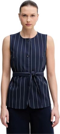 Benetton Jassen, Dames, Blauw, XS, Polyester, Gestreepte Mouwloze Vest met Strikceintuur