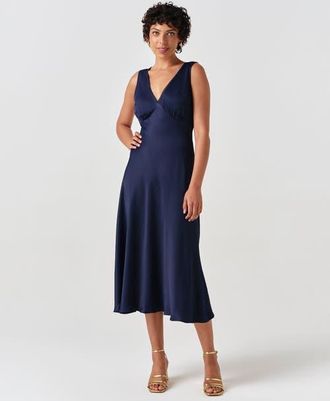 Ghost London Alessia Picot V-neck Satin Midi Dress in Navy at Nordstrom, Size 12