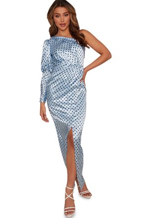 Chi Chi London Womens One Shoulder Satin Polka Dot Maxi Dress in Blue Cocktail, 12