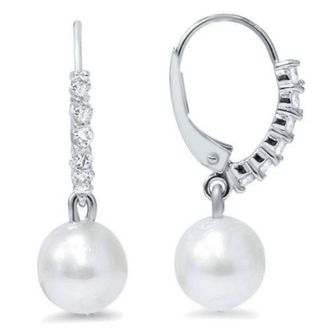 Pompeii3 1/4ct Diamond Dangle Lever back Hoops & Pearl Earrings 14K White Gold