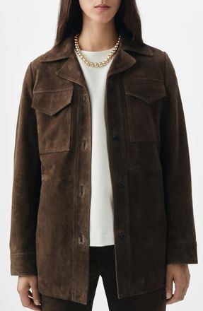 Mango Selection Patch Pocket Goatskin Suede Jacket in Dark Khaki at Nordstrom, Size Small