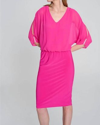 Joseph Ribkoff Embellished Slit Sleeve Blouson Sheath Dress In Shocking Pink