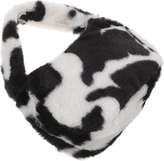 Generic Plush Cow Print Shoulder Bag for Women, Black Spot Pattern Soft Handheld Lady Handbag Suitable for Casual Outdoor and Party Use