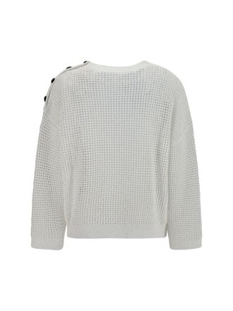 Brunello Cucinelli Womens Openwork Sweater With Shoulder Buttons Bianco Cotton; Polyester