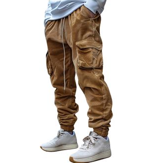 Generic Cuffed Cargo Trousers Men Corduroy Cargo Pants Mens Casual Drawstring Elasticated Waist Trousers Retro Loose Fit Combat Trorusers Workout Jogging Trou