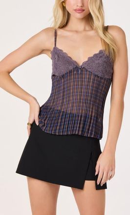 ASTR the Label Haleigh Pleated Lace Camisole in Blue Plaid Multi at Nordstrom, Size X-Small