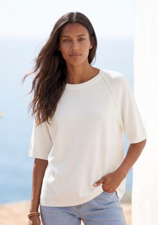Vivance Kurzarmshirt VIVANCE mit Lochstrickmuster, Damen, Gr. 32/34, creme, Feinstrick, Obermaterial: 85% Viskose (LENZING ECOVERO), 15% Polyester, unifarben,