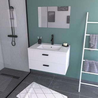 Aurlane Aurlane - Mobile da bagno sospeso 80 cm bianco con 2 cassetti, lavabo e specchio - box-in