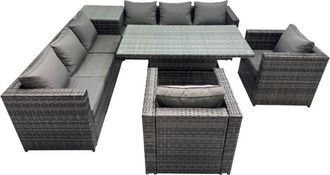 Fimous Fimous 8 Seater Outdoor Corner Sofa Height Adjustable Rising Lifting Table Set Garden Rattan Furniture Set with Side Table Dark Grey