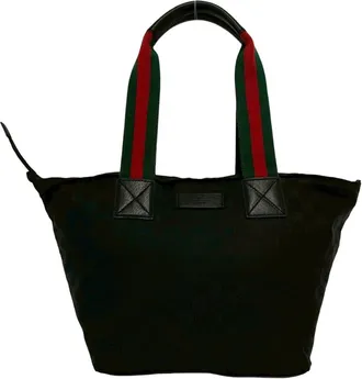 Gucci Black Green Red Color Leather Nylon Canvas Handbag Tote Bag (Pre-Owned)