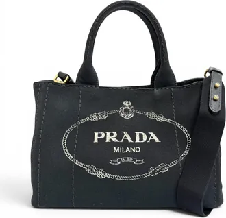 Prada Black Leather Canvas Tote Bag (Pre-Owned)