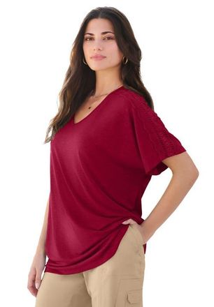 Roaman's Plus Size Lace Trimmed Textured Tee in Rich Burgundy at Nordstrom, Size 16