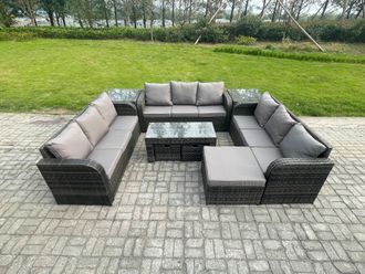 Fimous Rattan Garden Furniture Set 12 Seater Indoor Outdoor Patio Sofa Set with Coffee Table 3 Footstools 2 Side Tables Dark Grey Mixed
