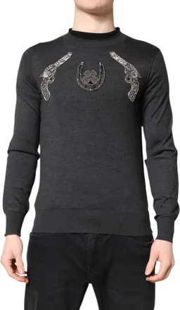 Dolce & Gabbana Mens Embroidered Cashmere Crew Neck Sweater Gray Clothing