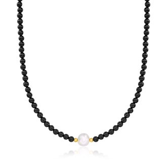 Ross-Simons 8.5-9mm Cultured Pearl and 4-4.5mm Onyx Bead Necklace With 18kt Gold Over Sterling