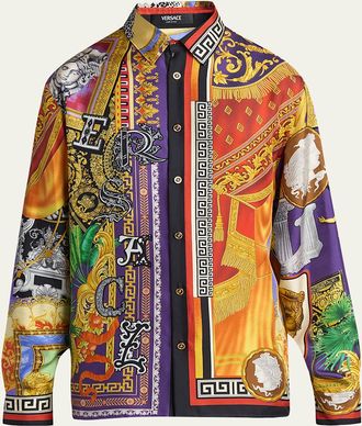 Versace Mens Patchwork Silk Twill Button-Down Shirt