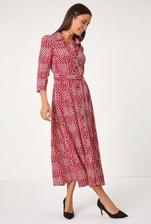 Roman Geometric Tie Waist Stretch Midi Shirt Dress