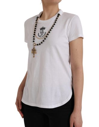 Dolce & Gabbana Womens White Cotton Necklace Short Sleeves T-Shirt