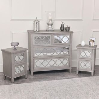 Melody Maison Large Silver Mirrored Lattice Chest Of Drawers & Pair Of Bedside Tables - Sabrina Silver Range