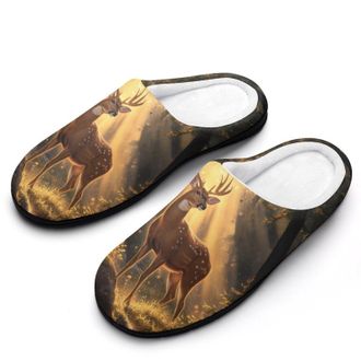 Generic Deer in The Autumn Woods Mens Slippers Slip On Comfortable Fleece Cotton House Shoes Winter