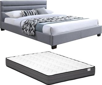Vente-Unique Cama 180 x 200 cm - Tela - Gris + Colch&oacute;n - FAUSTIN