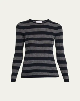 Majestic Filatures Merino Superfine Striped Rib Knit Sweater