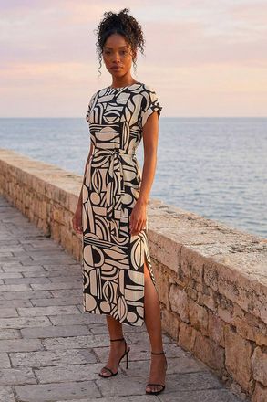 Roman Womens Geometric Textured Midi Dress - Ivory Denim - Size 14 UK