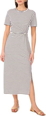 Vince Camuto Stripe Pleated Side Cotton T-Shirt Dress in Classic Navy at Nordstrom, Size Large