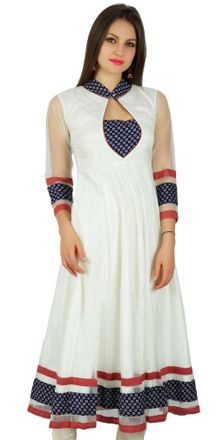 Bimba Womens Classy Net Anarkali Kurta Kurti Long Maxi Dress Indian Clothing White