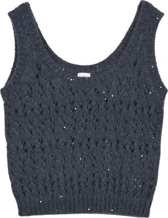 Eleventy Grey Alpaca-Blend Openwork Lam&eacute; Cropped Top