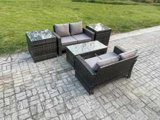 Fimous High Back Rattan Garden Furniture Sofa Sets with Rectangular Coffee Table 2 Side Tables Dark Grey Mixed