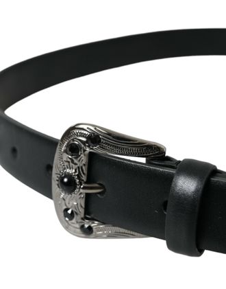 Dolce & Gabbana Womens Black Embellished Leather Engraved Buckle Belt Calf