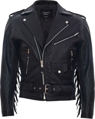 Infinity Leather Mens FRINGE Hide Leather Brando TASSELED Motorcycle Biker Jacket