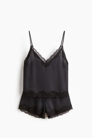 H&M Lace-trimmed Satin Pyjamas in Black at Nordstrom, Size X-Large