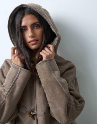 Asos giacca in pile borg con cappuccio e alamari color visone-Marrone