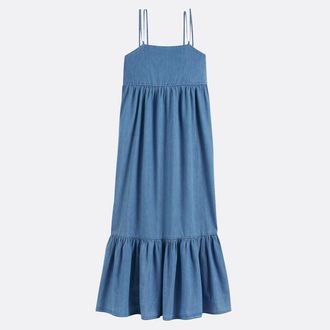 La Redoute Collections Lange uitlopende jeansjurk met fijne bandjes